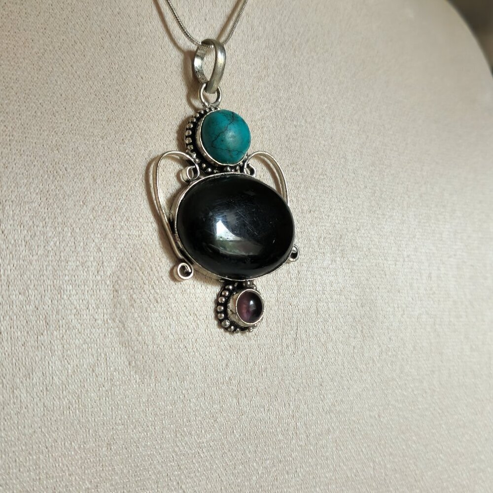 NATURAL ONYX TURQUOISE AMETHYST HANDCRAFTED PENDANT 18" CHAIN NEW